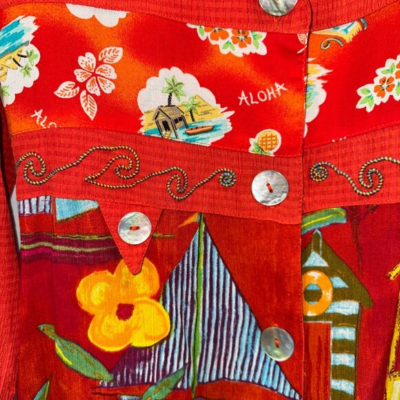 Vtg Howard Wolf 80's Woman Orange Floral Hawaiian Shirt Blouse Size 4 - Picture 9 of 15